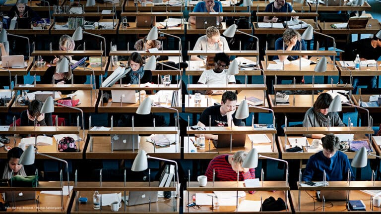 Studerende i bibliotekssal